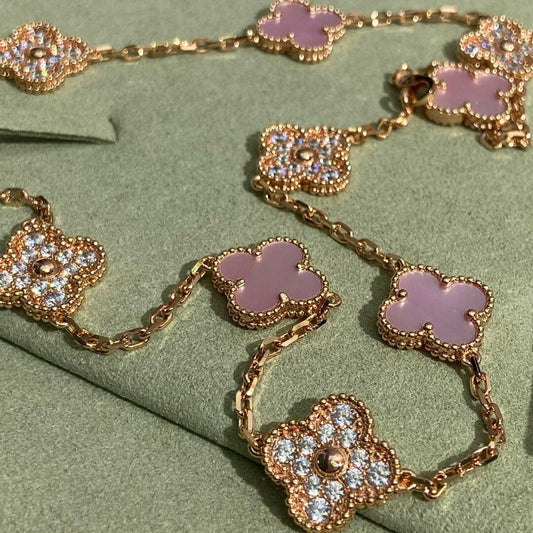VCA CLOVER 10 MOTIFS DIAMOND PINK MOP NECKLACE