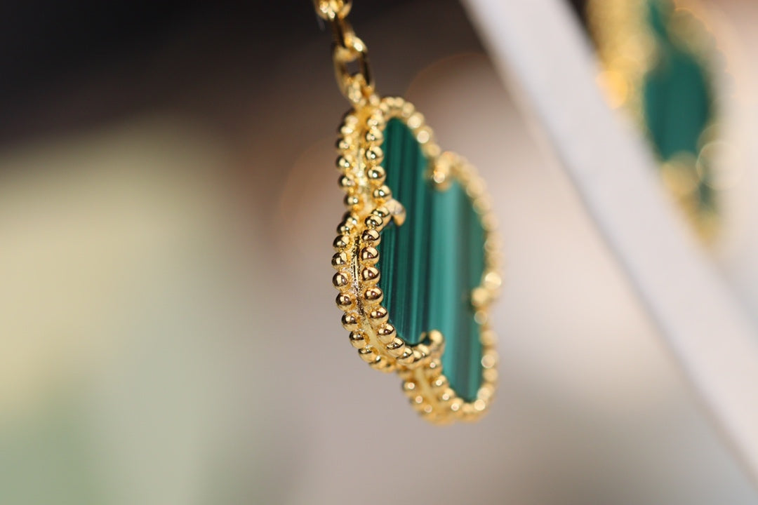 VCA CLOVER EARRINGS GOLD MALACHITE DIAMOND 3 MOTIF
