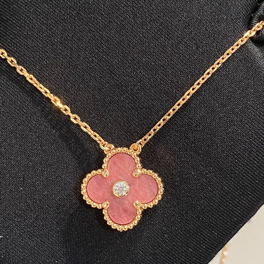 VCA CLOVER 15MM DIAMOND RHODONITE NECKLACE