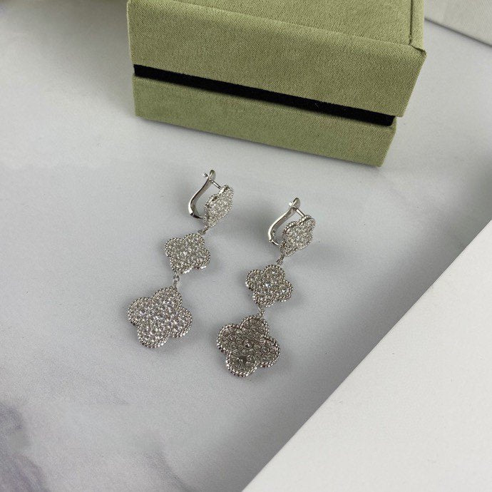 VCA CLOVER 3 MOTIF DIAMOND SILVER DROP EARRINGS