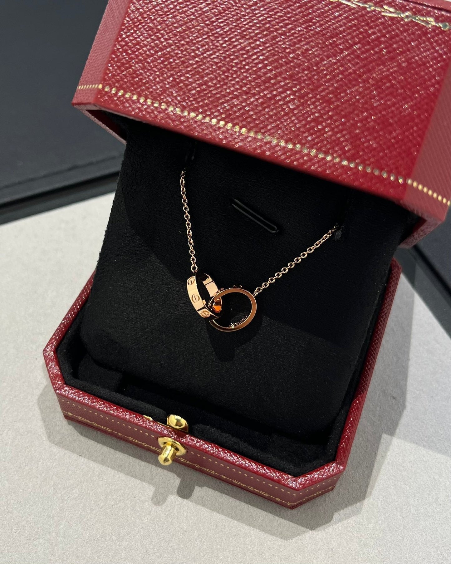 CARTIER LOVE NECKLACE DOUBLE RING PINK GOLD