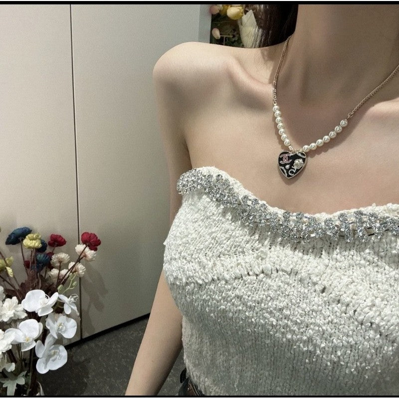 18K Chanel Pink & Black Heart Pearl Necklace
