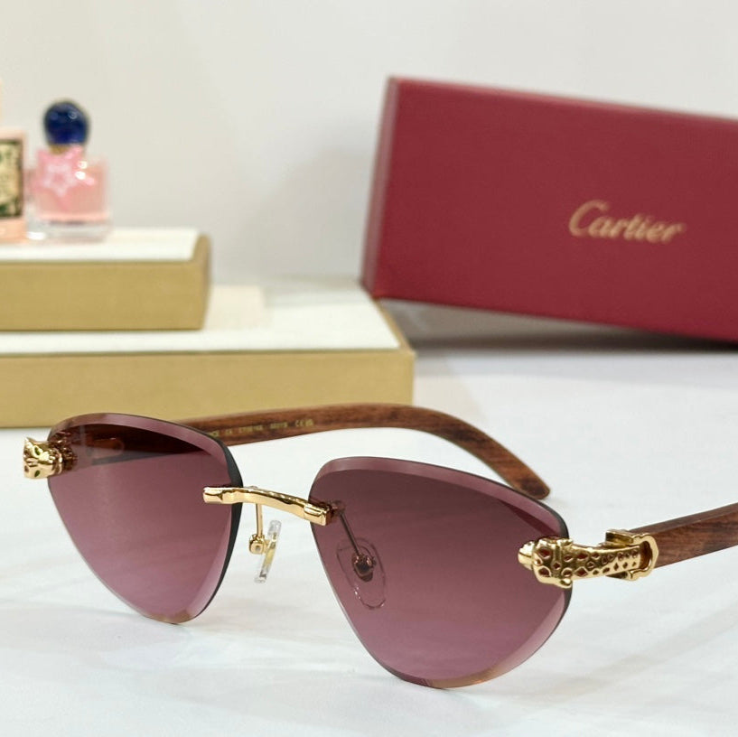 CARTIER PANTHÈRE RIMLESS TRIANGLE FRAME SUNGLASSES CT0616S IN METAL AND WOODEN