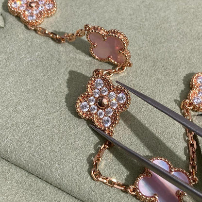 VCA CLOVER 10 MOTIFS DIAMOND PINK MOP NECKLACE