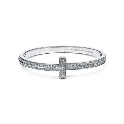 18K T1 Wide Diamond Hinged Bangle Bracelet