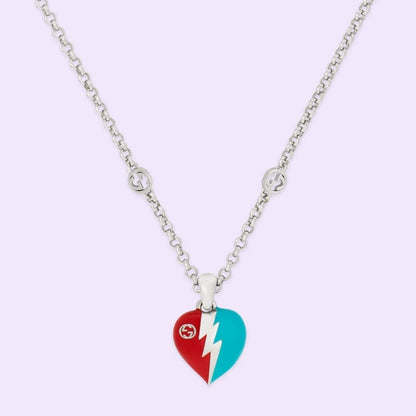 Double Gucci Interlocking Gucci Heart Lightning Charm Necklace