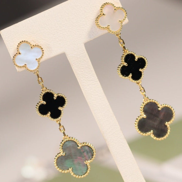 VCA CLOVER EARRINGS GOLD ONYX MOP 3 MOTIF