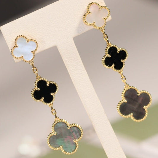 VCA CLOVER EARRINGS GOLD ONYX MOP 3 MOTIF