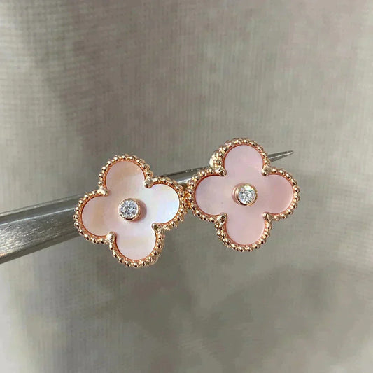 VCA CLOVER MEDIUM 1 MOTIFS PINK MOP DIAMOND EARRINGS