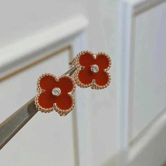 VCA CLOVER MEDIUM 1 MOTIFS CARNELIAN DIAMOND EARRINGS