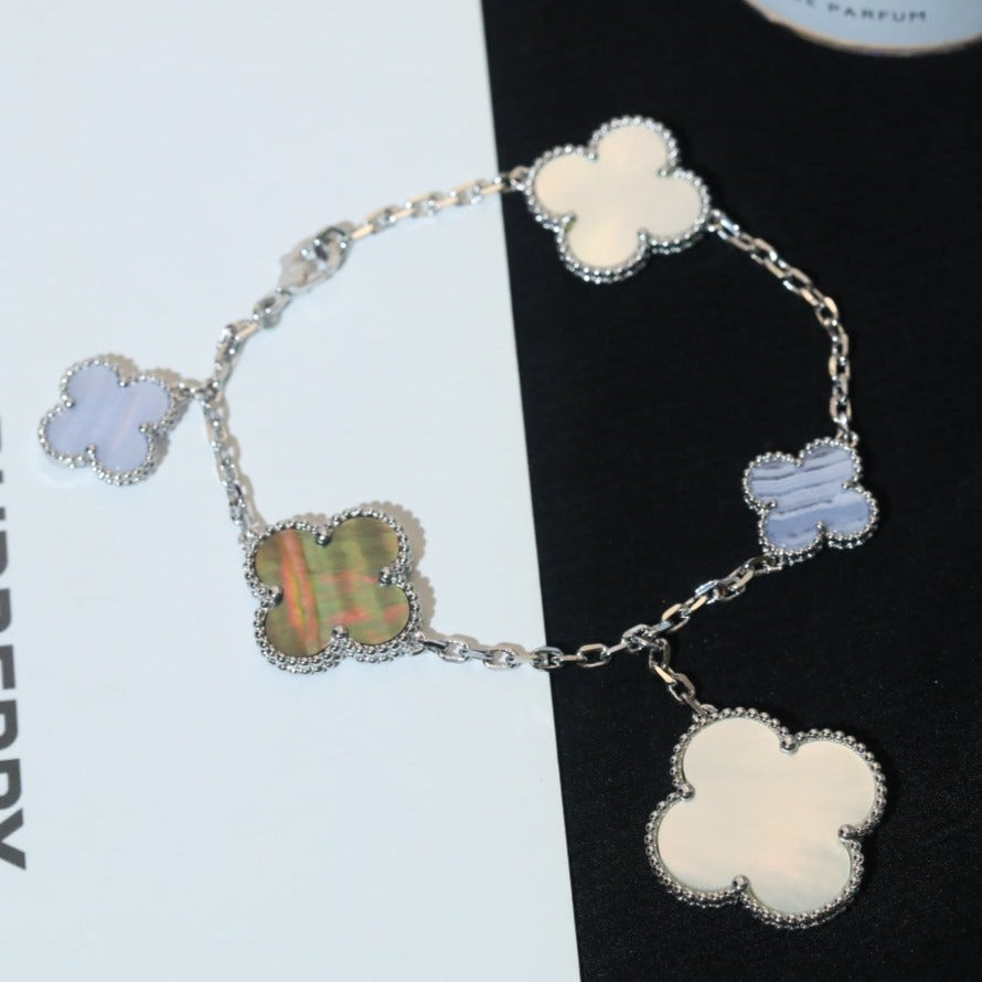 VCA CLOVER BRACELET 5 MOTIFS MOP CHALCEDONY SILVER