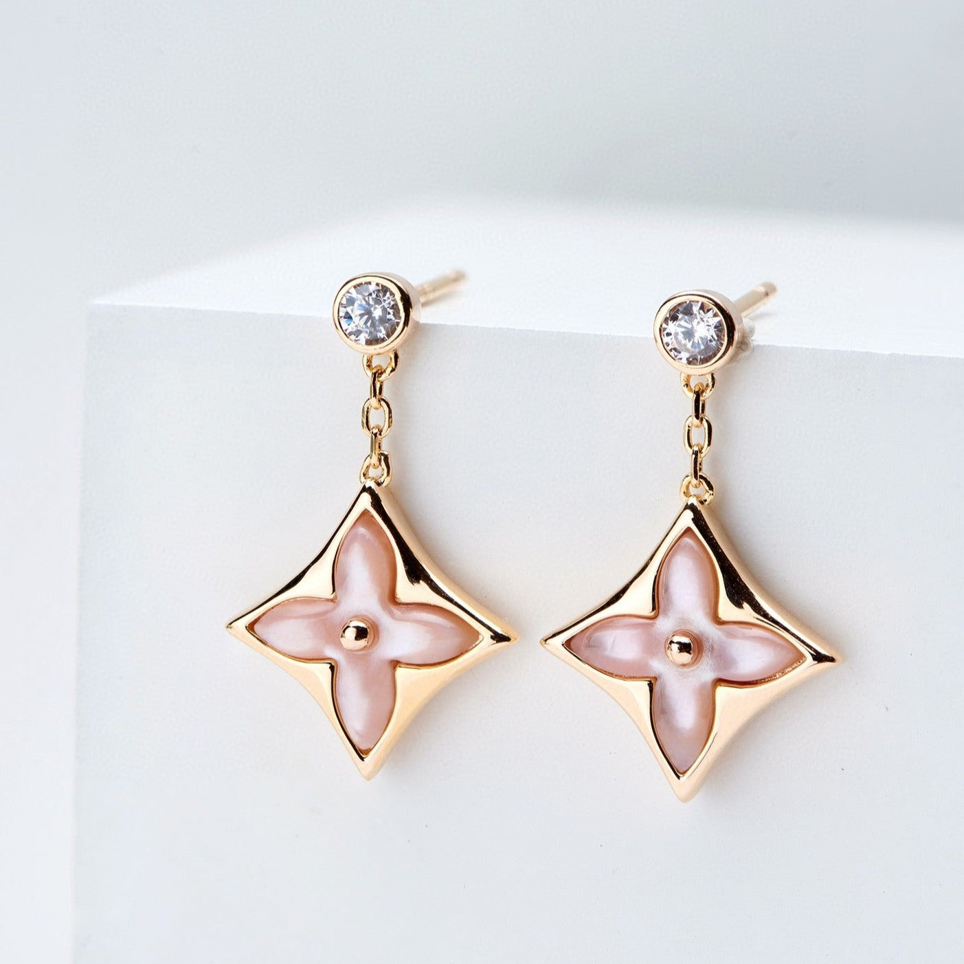 LOUIS VUITTON DOUBLE STAR PINK GOLD MOP DROP EARRINGS
