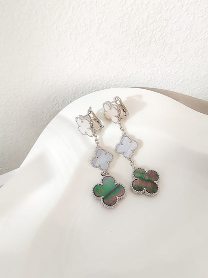 VCA CLOVER 3 MOTIFS CHALCEDONY DARK MOP SILVER EARRINGS