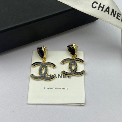18K  Chanel Classic Black Dangle Earrings