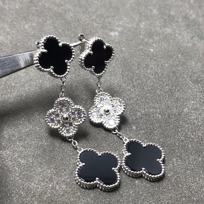 VCA CLOVER 3 MOTIF DIAMOND ONYX SILVER EARRINGS