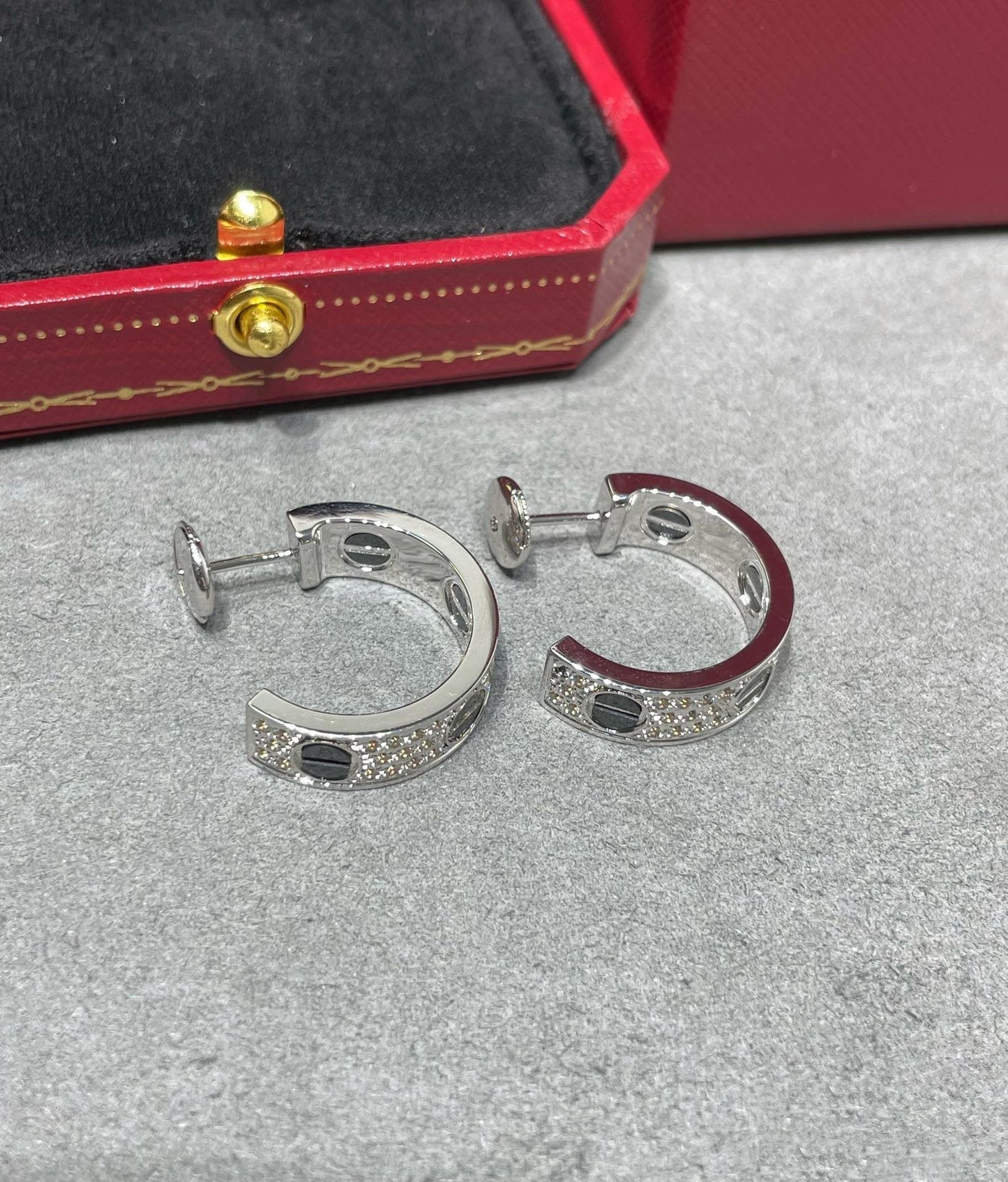 CARTIER LOVE CERAMIC DIAMOND PAVED SILVER EARRINGS