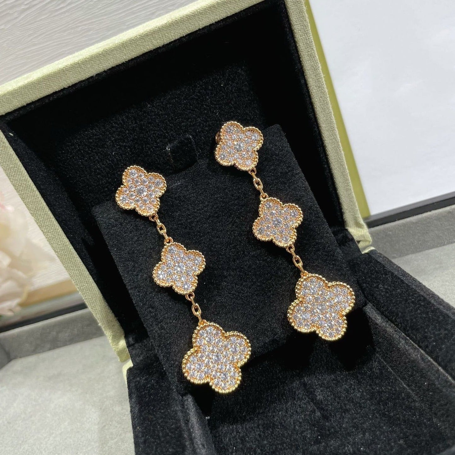 VCA CLOVER 3 MOTIFS DIAMOND PAVED ROSE GOLD & GOLD EARRINGS