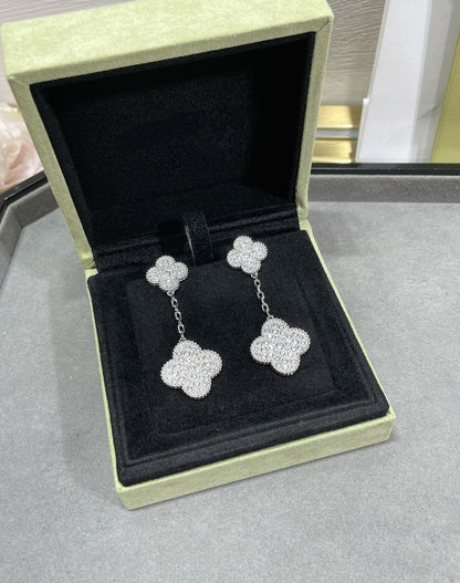 VCA CLOVER 2 MOTIFS DIAMOND PAVED SILVER EARRINGS