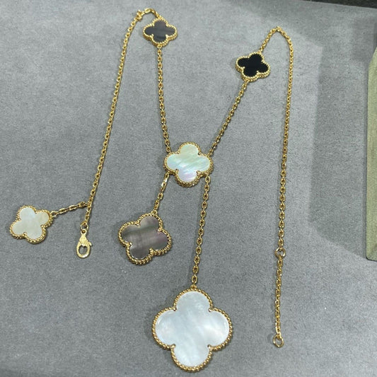 VCA CLOVER 6 MOTIF MOP ONYX GOLD NECKLACE