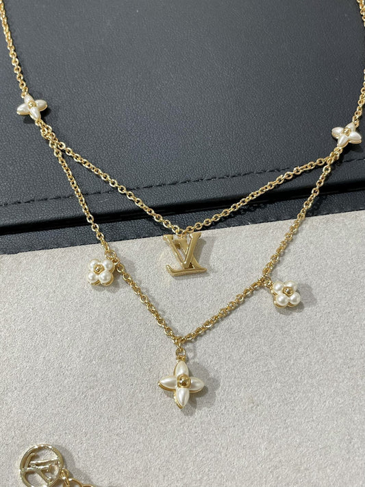 LOUIS VUITTON FLOWERGRAM GOLD MOP DOUBLE ROW NECKLACE
