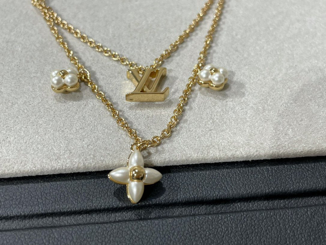 LOUIS VUITTON FLOWERGRAM GOLD MOP DOUBLE ROW NECKLACE