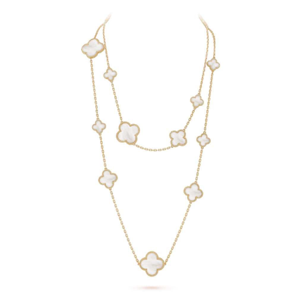 VCA CLOVER 16 MOTIF WHITE MOP GOLD NECKLACE