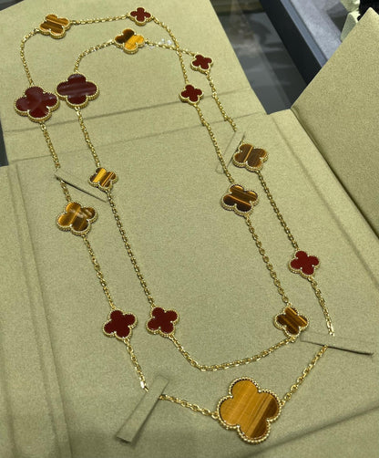 VCA CLOVER 16 MOTIF CARNELIAN TIGER EYE ROSE GOLD NECKLACE