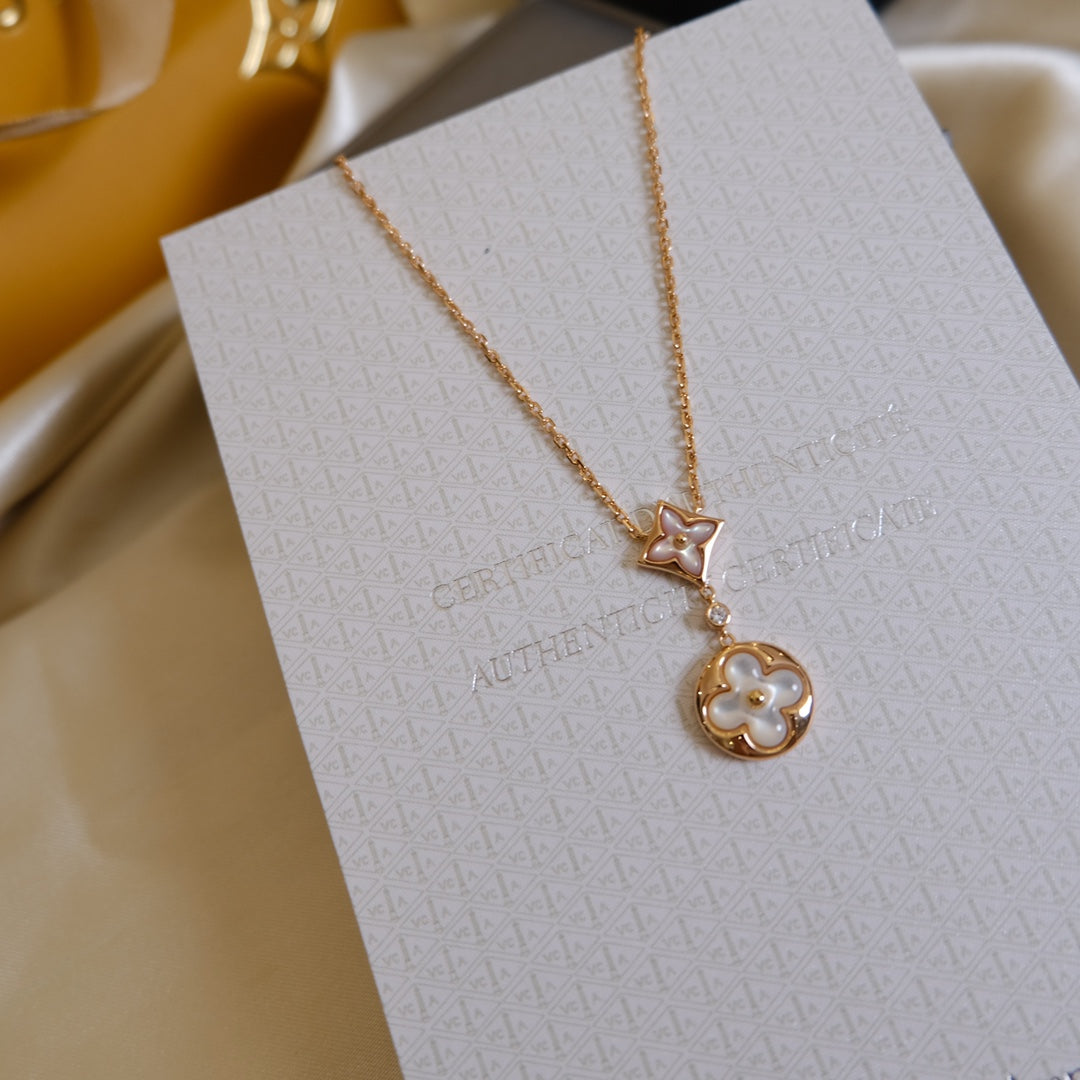 LOUIS VUITTON STAR AND SUN WHITE MOP 2 MOTIF PINK GOLD NECKLACE