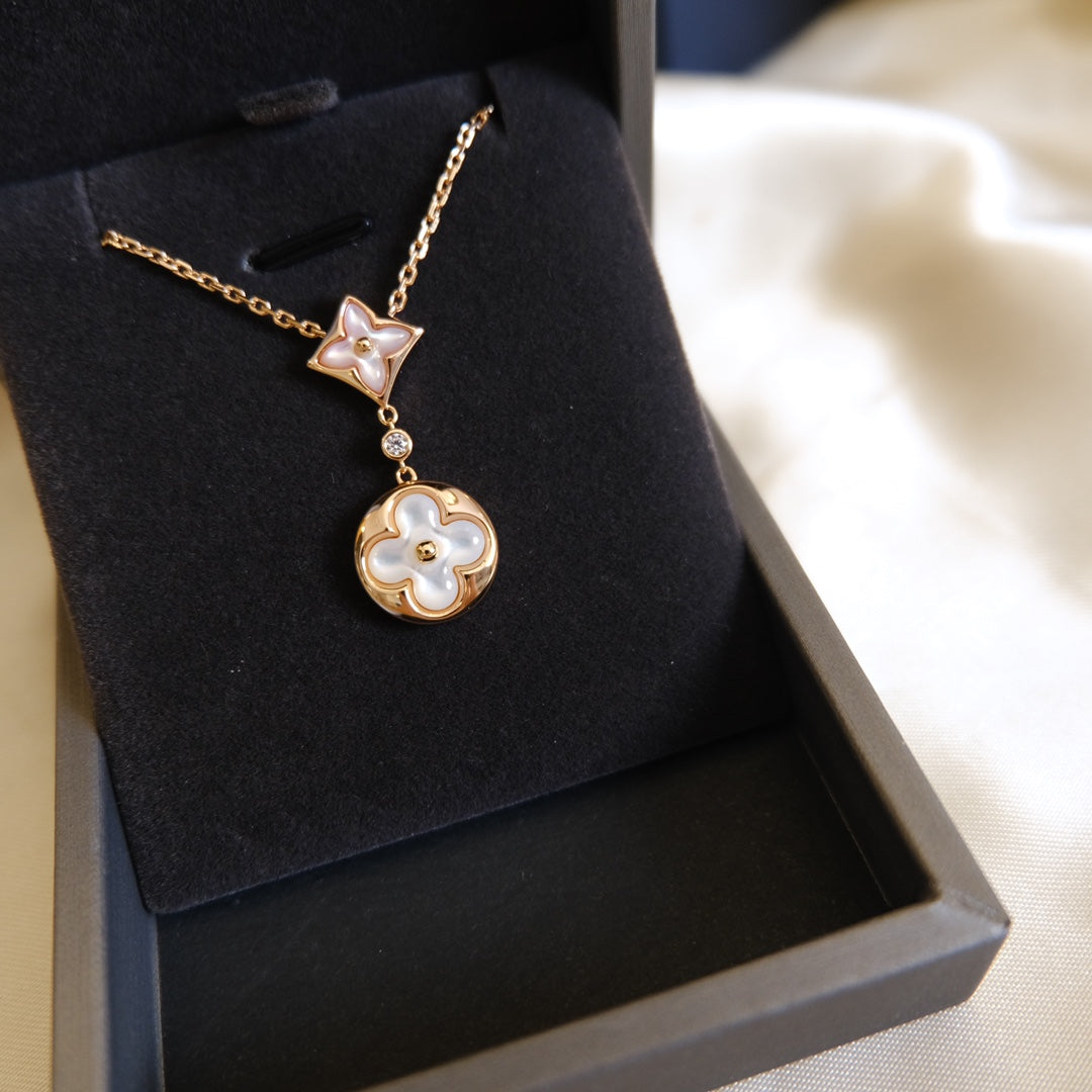 LOUIS VUITTON STAR AND SUN WHITE MOP 2 MOTIF PINK GOLD NECKLACE