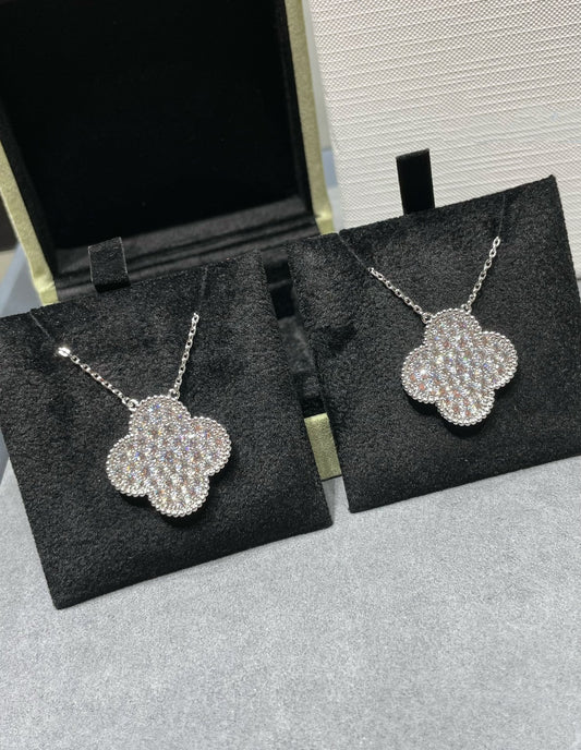 VCA CLOVER 25MM LARGE PENDANT DIAMOND PAVED SILVER NECKLACE