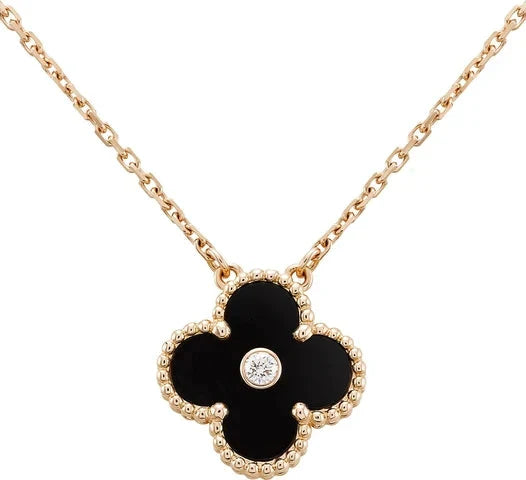 VCA CLOVER 15MM DIAMOND ONYX NECKLACE