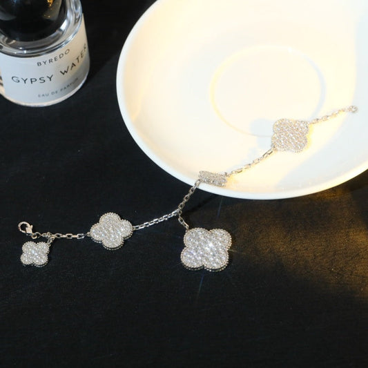 VCA CLOVER BRACELET 5 MOTIF SILVER DIAMOND PAVED