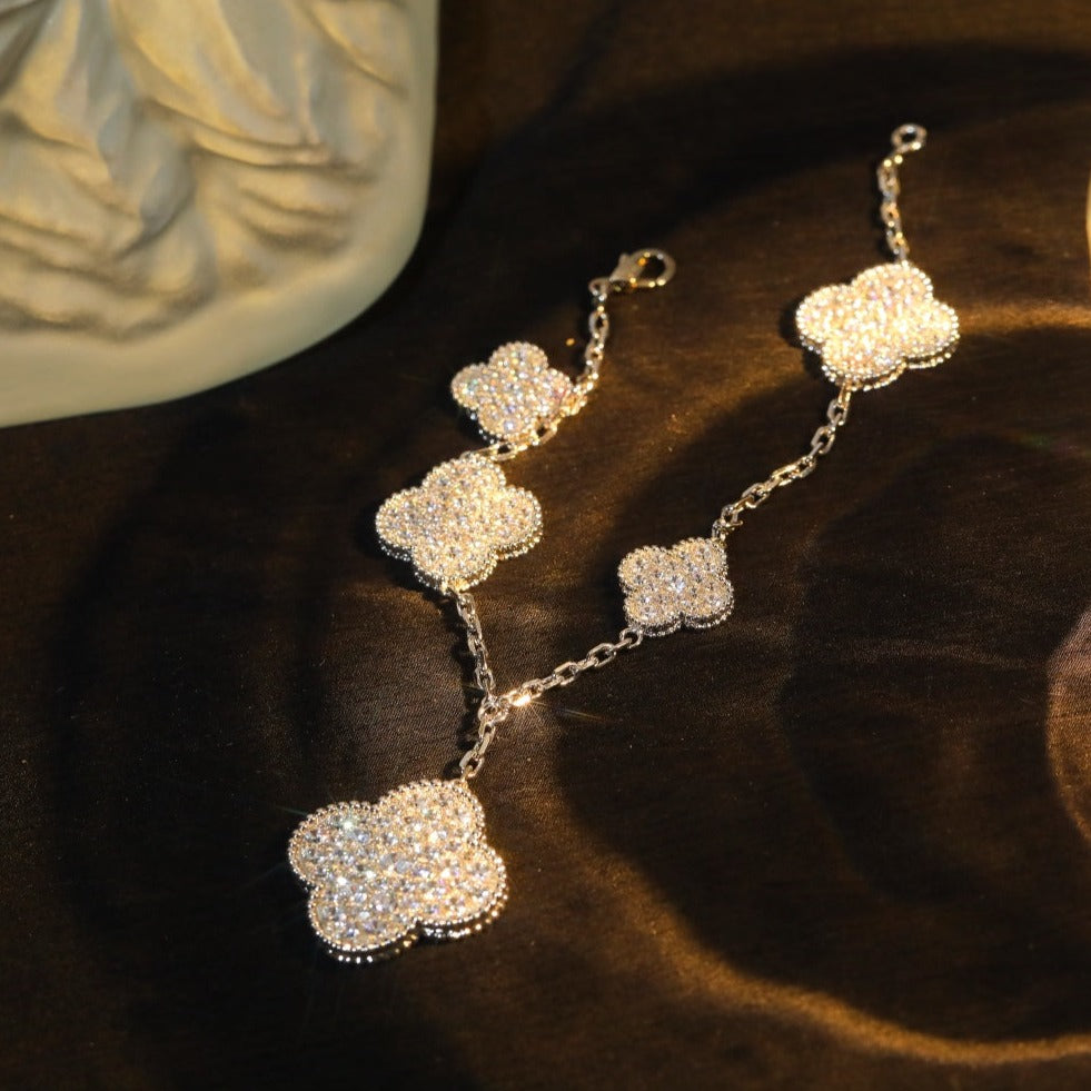 VCA CLOVER BRACELET 5 MOTIF SILVER DIAMOND PAVED