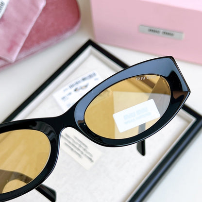 MIU MIU LOGO SMU 11WS SUNGLASSES 575894 IN BLACK ACETATE BROWN LENS