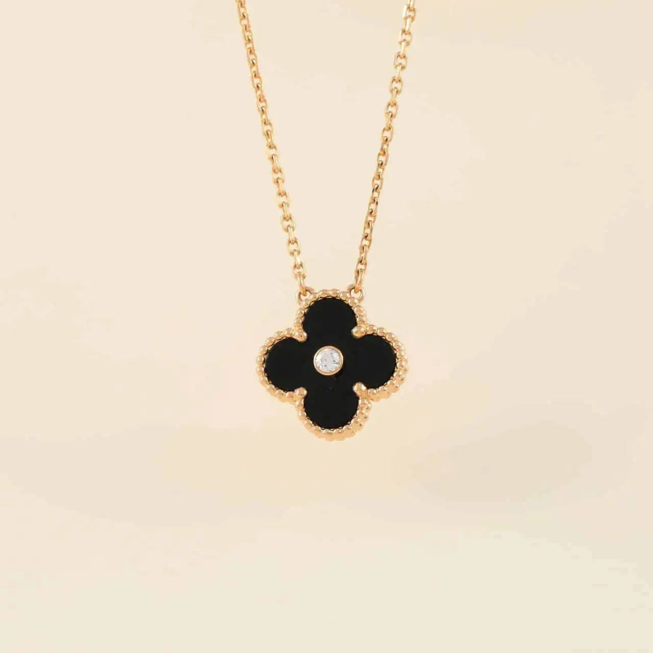 VCA CLOVER 15MM DIAMOND ONYX NECKLACE