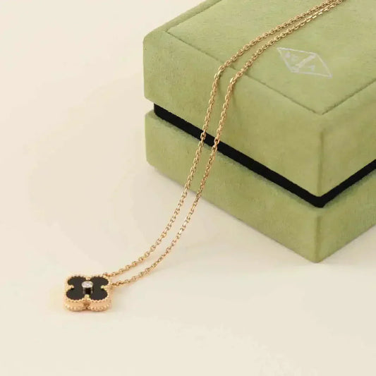 VCA CLOVER 15MM DIAMOND ONYX NECKLACE