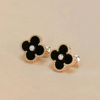 VCA CLOVER MEDIUM 1 MOTIFS ONYX DIAMOND EARRINGS
