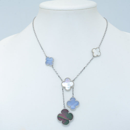 VCA CLOVER MOP CHALCEDONY NECKLACE SILVER 6 MOTIF