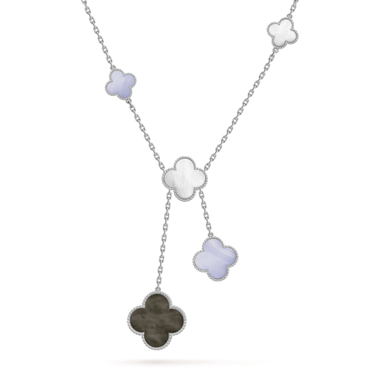 VCA CLOVER MOP CHALCEDONY NECKLACE SILVER 6 MOTIF