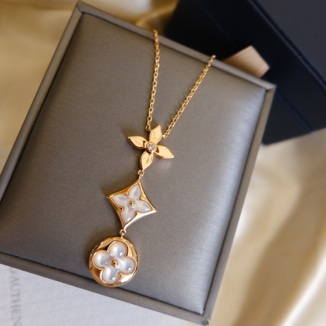 LOUIS VUITTON COLOR BLOSSOM LARIAT NECKLACE PINK GOLD WHITE MOTHER PEARL AND DIAMOND