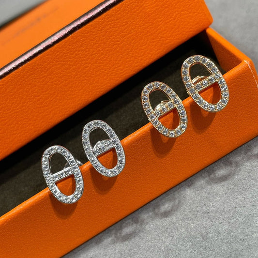 HERMES HM FULL DIAMOND PIG NOSE STUD EARRINGS