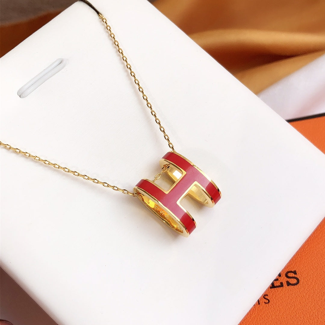 HERMES HM CLIC RED ENAMEL GOLD NECKLACE