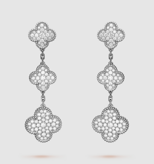 VCA CLOVER 3 MOTIF DIAMOND SILVER DROP EARRINGS