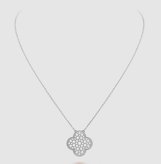 VCA CLOVER 25MM LARGE PENDANT DIAMOND PAVED SILVER NECKLACE