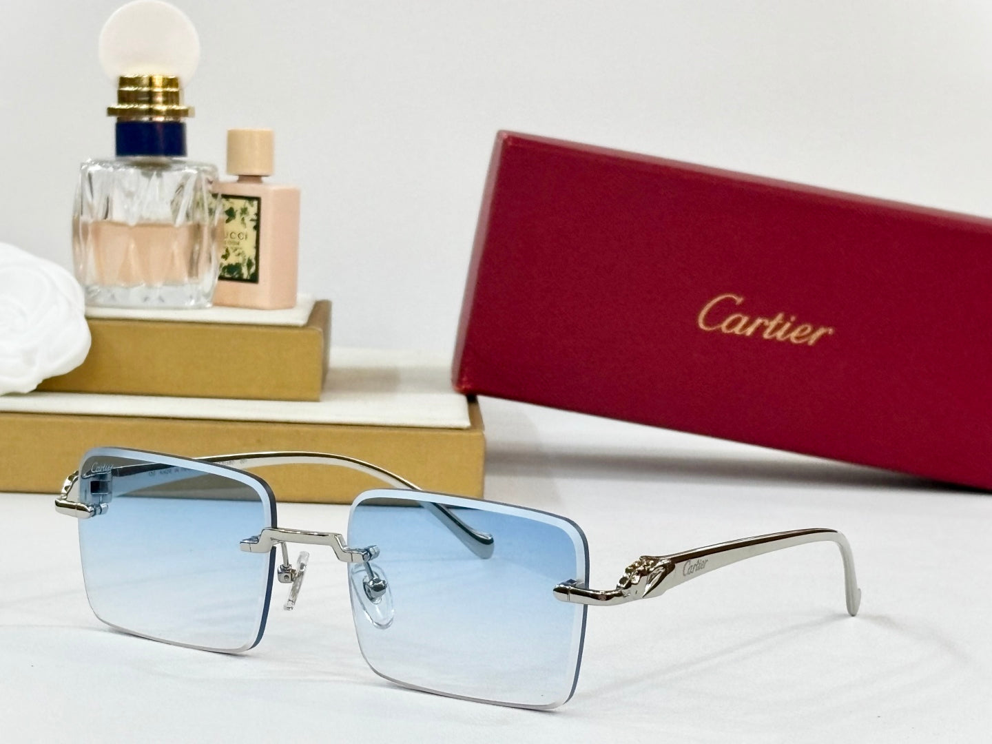 CARTIER PANTHÈRE RIMLESS SQUARE FRAME SUNGLASSES 564103 IN METAL