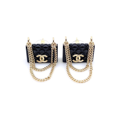 18K  Chanel Black Bag Pendant Earrings