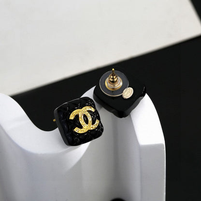 18K  Chanel Black Gold Square Earrings