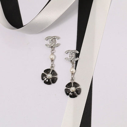 18K  Chanel Black & Pink Camellia Diamond Long Earrings