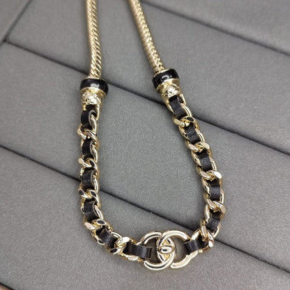 18K  Chanel Black Leather Gold Chain Necklace
