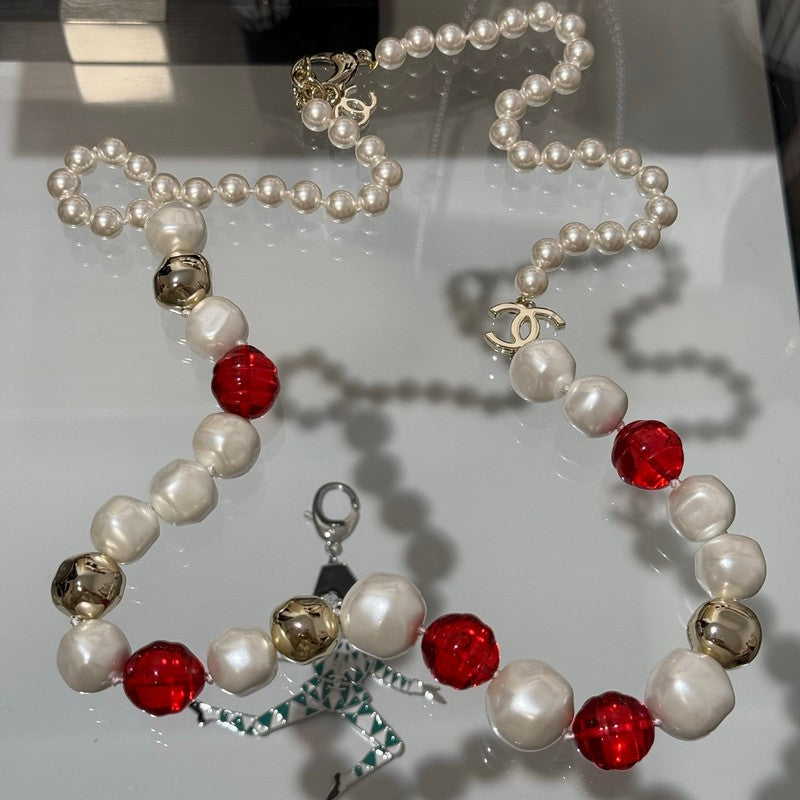 18K  Chanel Red Crystal Pearl Necklace